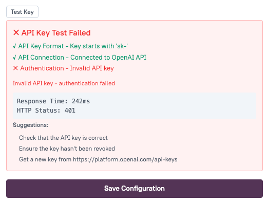 API key test results showing authentication failure